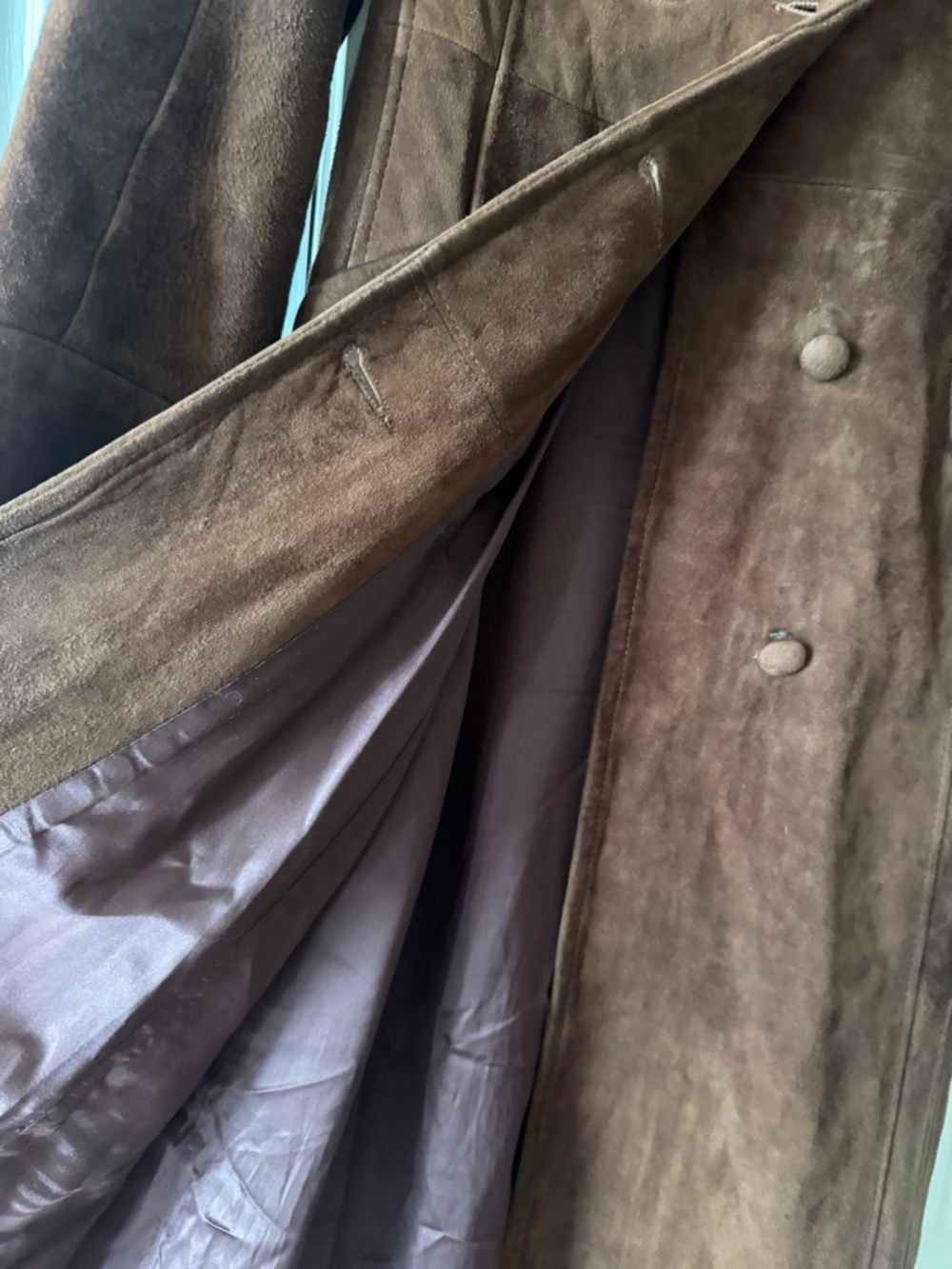 Vintage Women's chocolate Brown Suede Long Double-Breasted Coat trench coat - Picture 4 of 6